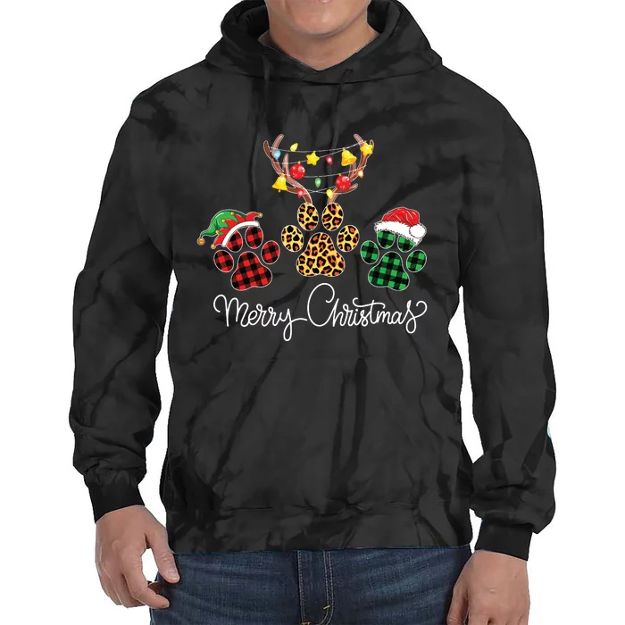 Merry Christmas Dog Paws Lights Buffalo Plaid Leopard Xmas Tie Dye Hoodie