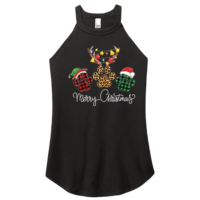 Merry Christmas Dog Paws Lights Buffalo Plaid Leopard Xmas Women’s Perfect Tri Rocker Tank