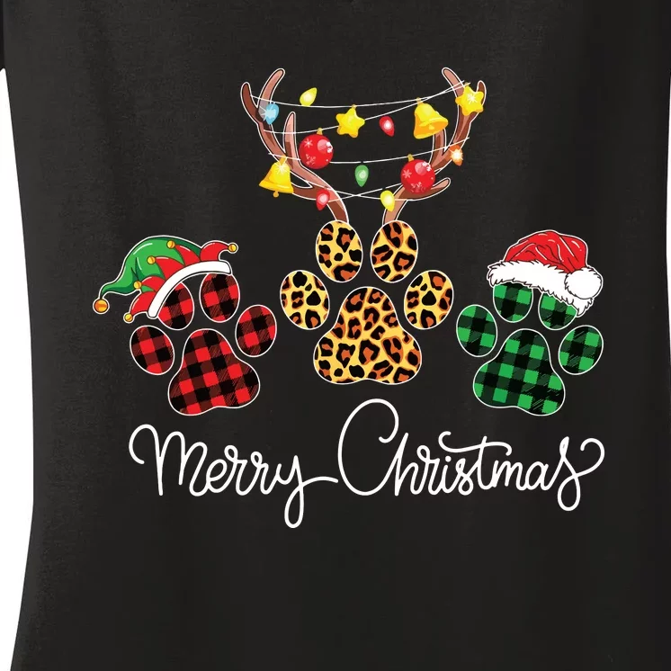 Merry Christmas Dog Paws Lights Buffalo Plaid Leopard Xmas Women's V-Neck T-Shirt