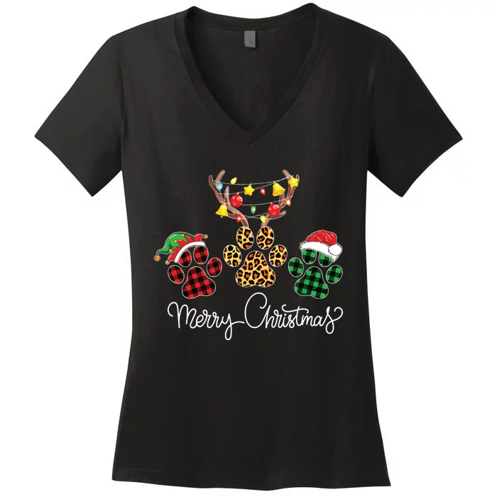 Merry Christmas Dog Paws Lights Buffalo Plaid Leopard Xmas Women's V-Neck T-Shirt