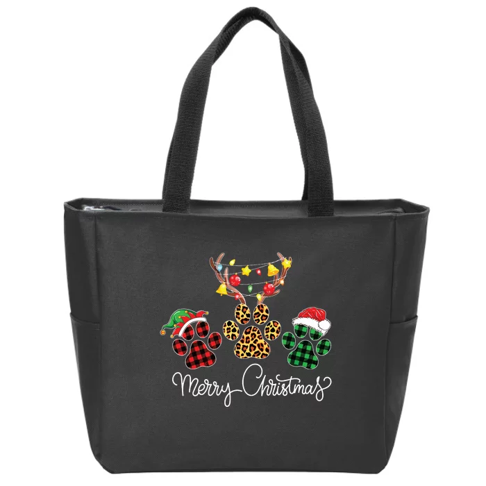 Merry Christmas Dog Paws Lights Buffalo Plaid Leopard Xmas Zip Tote Bag