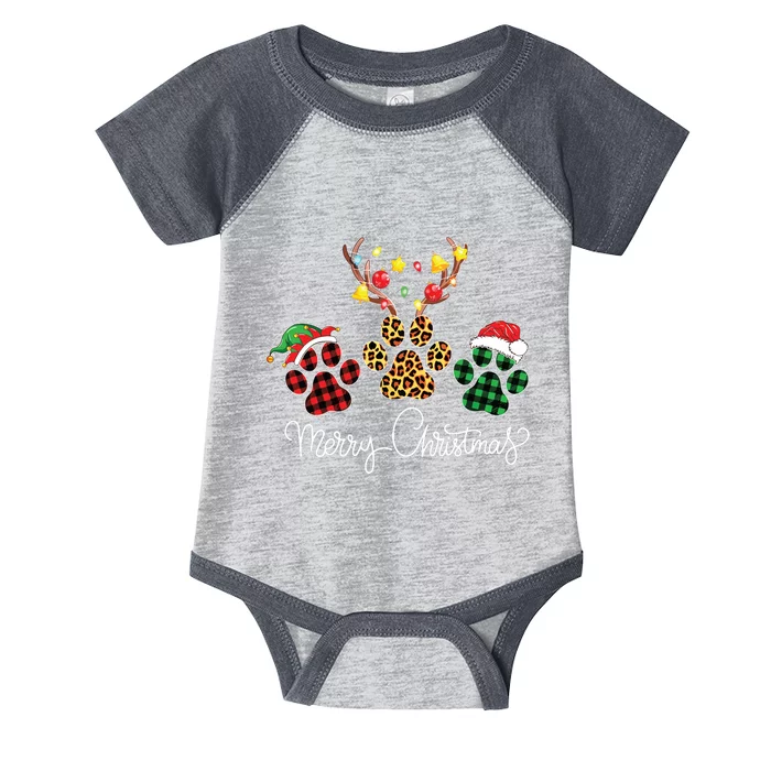 Merry Christmas Dog Paws Lights Buffalo Plaid Leopard Xmas Infant Baby Jersey Bodysuit