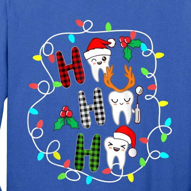 Merry Christmas Dentist Teeth Santa Hat Leopard Plaid Xmas Gift Tall Long Sleeve T-Shirt