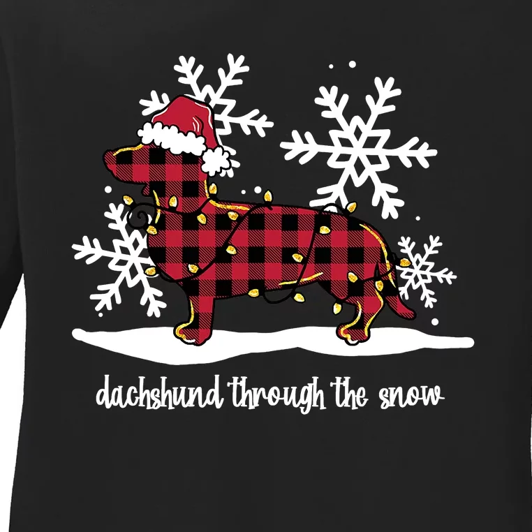 Merry Christmas Dachshund Dog Through The Snow Ladies Long Sleeve Shirt