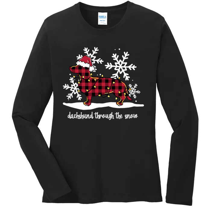 Merry Christmas Dachshund Dog Through The Snow Ladies Long Sleeve Shirt