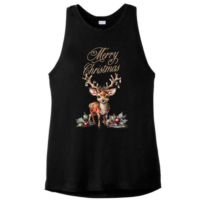 Merry Christmas Deer Ladies Tri-Blend Wicking Tank