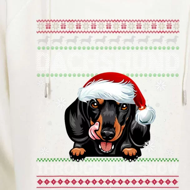 Merry Christmas Dachshund Dog Through The Snow Funny Pajama Gift Womens Funnel Neck Pullover Hood