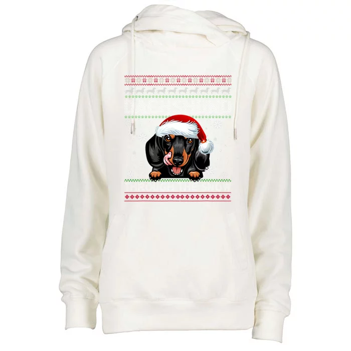 Merry Christmas Dachshund Dog Through The Snow Funny Pajama Gift Womens Funnel Neck Pullover Hood