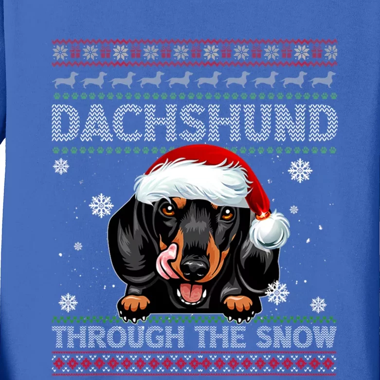 Merry Christmas Dachshund Dog Through The Snow Funny Pajama Gift Kids Long Sleeve Shirt