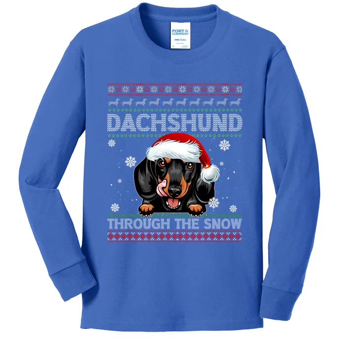 Merry Christmas Dachshund Dog Through The Snow Funny Pajama Gift Kids Long Sleeve Shirt