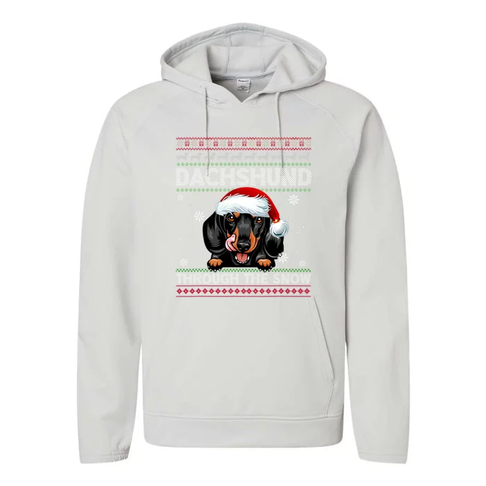 Merry Christmas Dachshund Dog Through The Snow Funny Pajama Gift Performance Fleece Hoodie