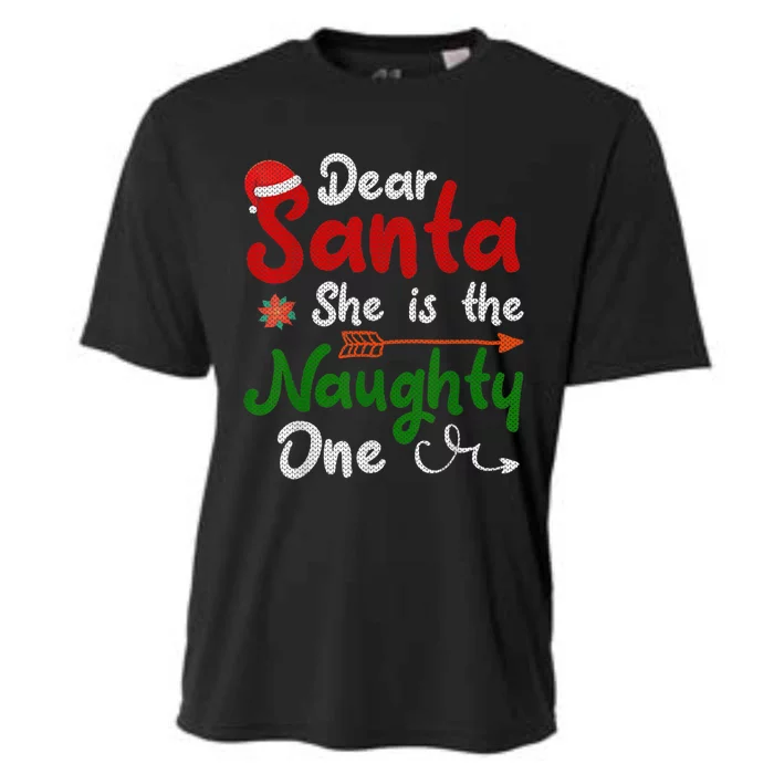 Merry Christmas Dear Santa She Is Naughty One Xmas Hat Vibes Gift Cooling Performance Crew T-Shirt