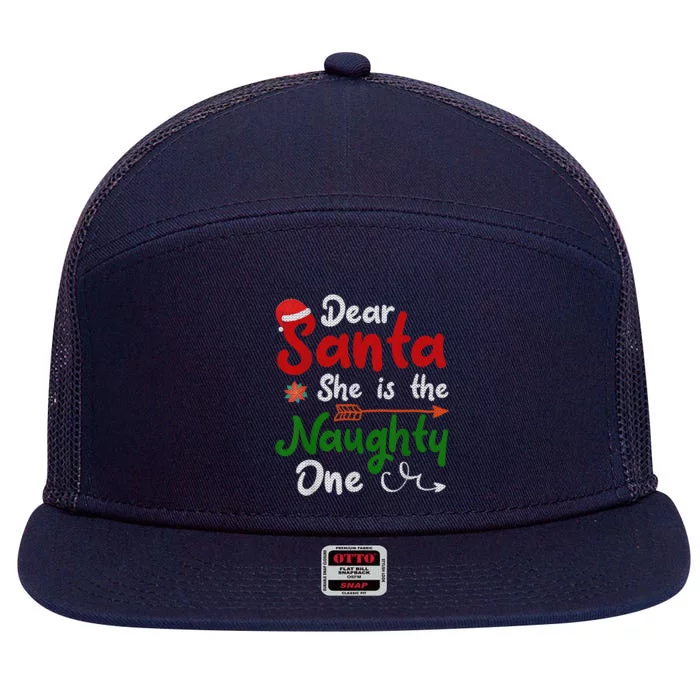 Merry Christmas Dear Santa She Is Naughty One Xmas Hat Vibes Gift 7 Panel Mesh Trucker Snapback Hat