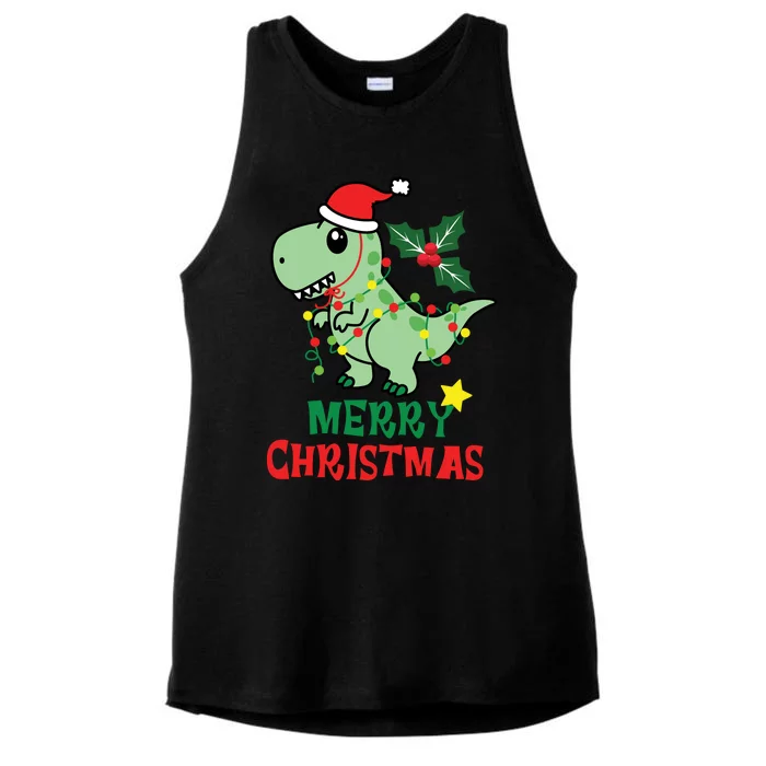 Merry Christmas Dino Holiday Ladies Tri-Blend Wicking Tank