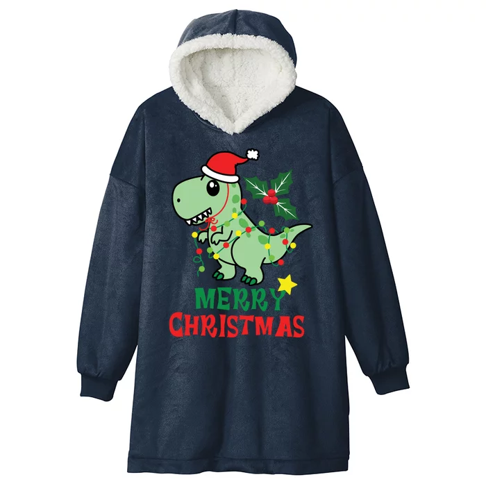 Merry Christmas Dino Holiday Hooded Wearable Blanket