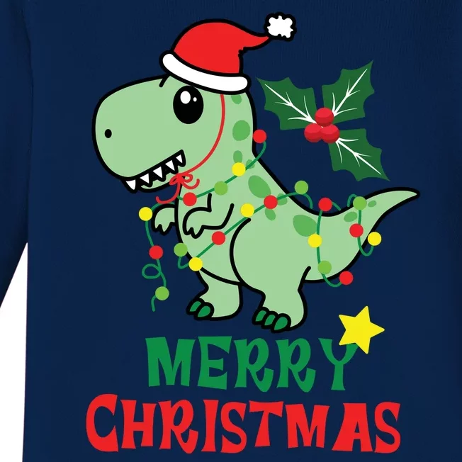 Merry Christmas Dino Holiday Baby Long Sleeve Bodysuit