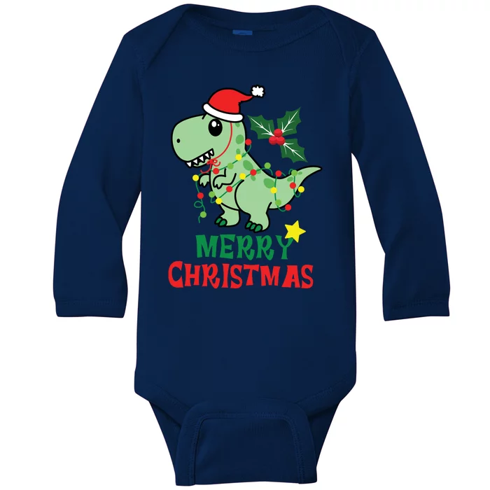 Merry Christmas Dino Holiday Baby Long Sleeve Bodysuit