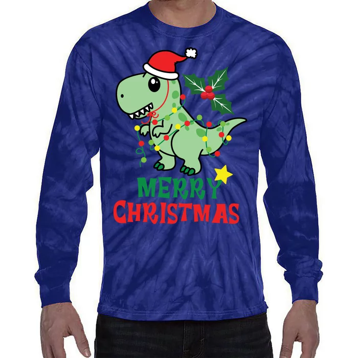 Merry Christmas Dino Holiday Tie-Dye Long Sleeve Shirt