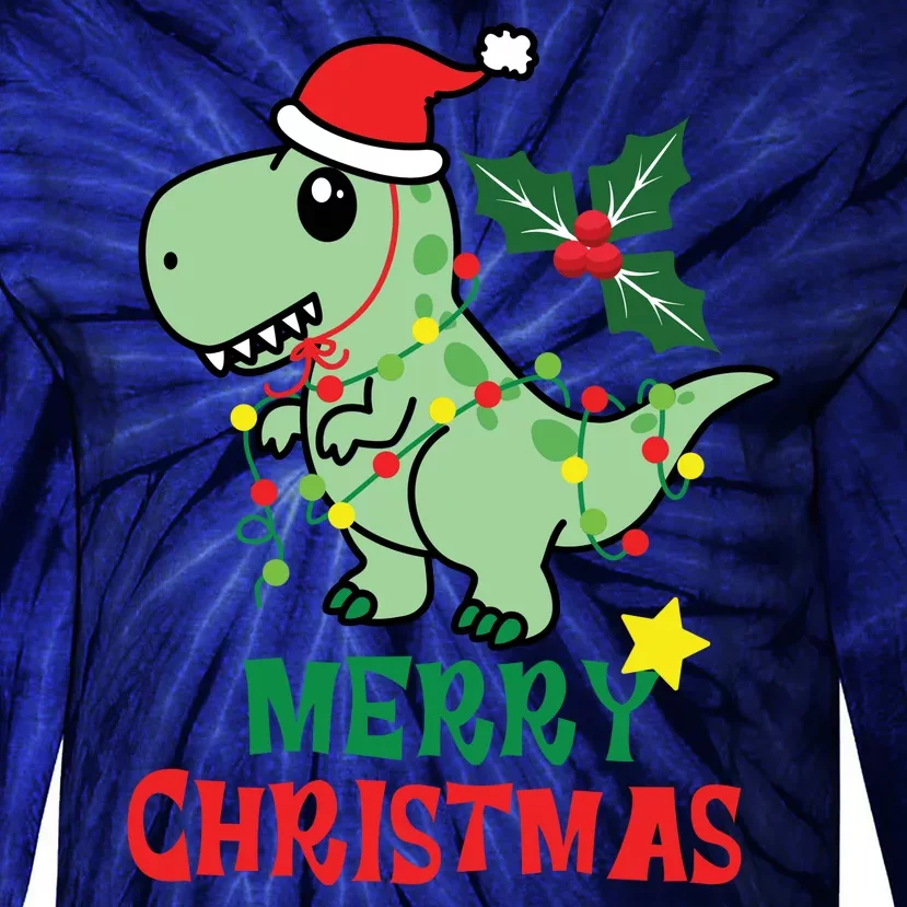 Merry Christmas Dino Holiday Tie-Dye Long Sleeve Shirt