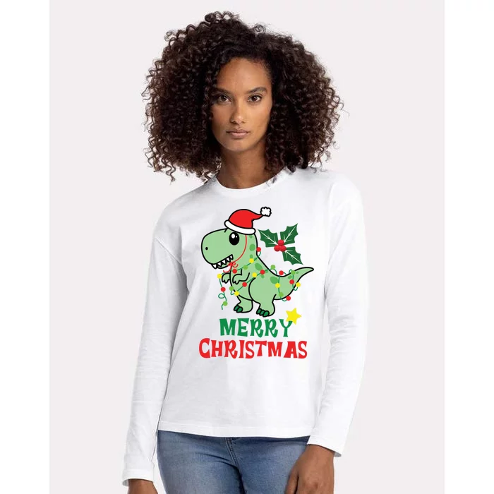 Merry Christmas Dino Holiday Womens Cotton Relaxed Long Sleeve T-Shirt