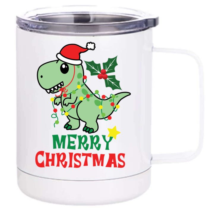 Merry Christmas Dino Holiday Front & Back 12oz Stainless Steel Tumbler Cup