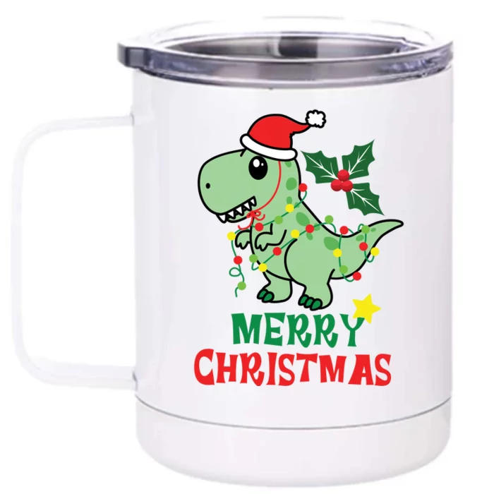 Merry Christmas Dino Holiday Front & Back 12oz Stainless Steel Tumbler Cup