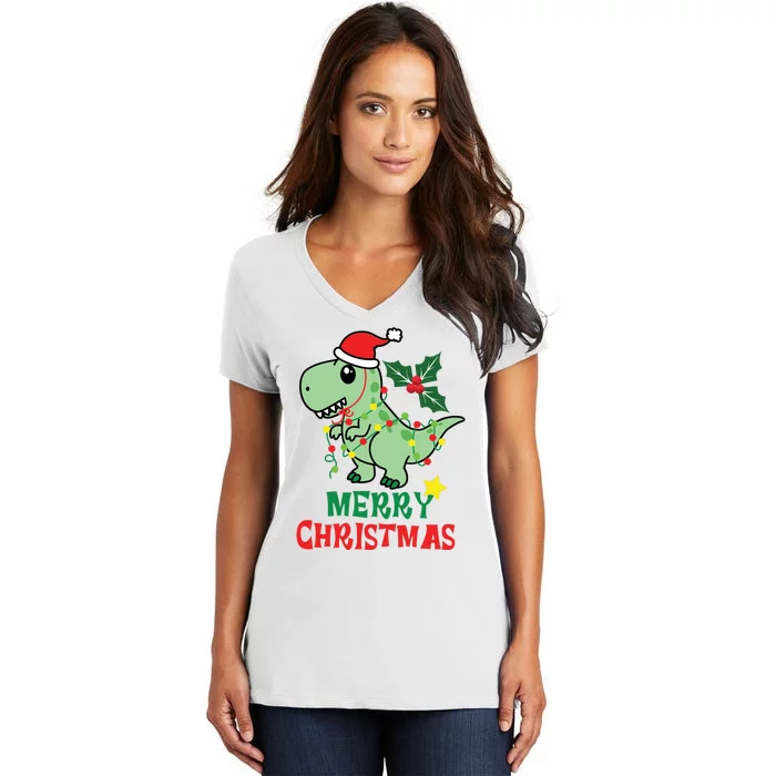 Merry Christmas Dino Holiday Women's V-Neck T-Shirt