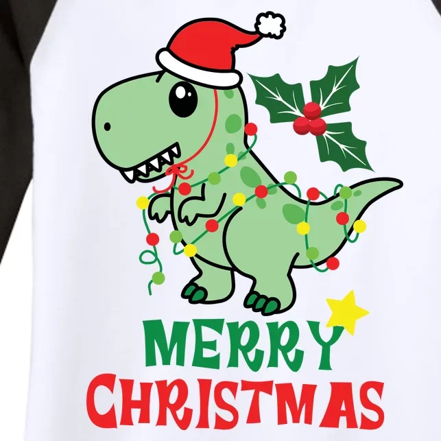 Merry Christmas Dino Holiday Women's Tri-Blend 3/4-Sleeve Raglan Shirt