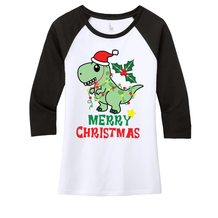 Merry Christmas Dino Holiday Women's Tri-Blend 3/4-Sleeve Raglan Shirt