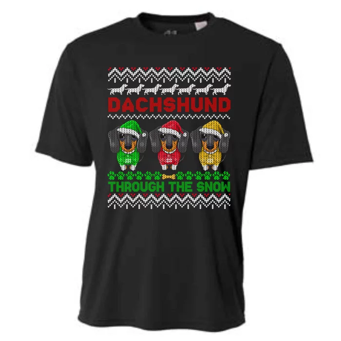 Merry Christmas Dachshund Through Snow Gift Cooling Performance Crew T-Shirt