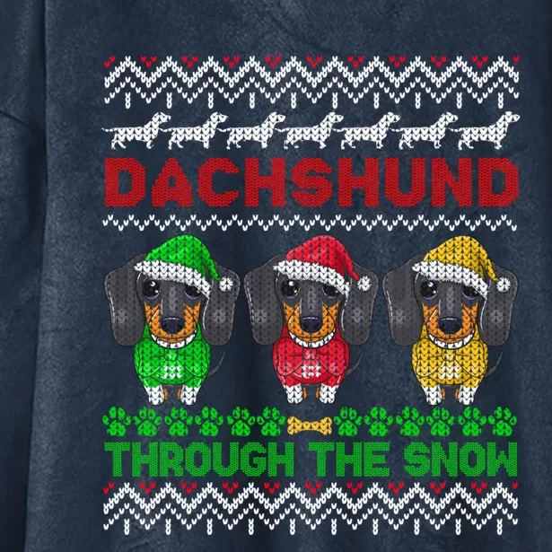 Merry Christmas Dachshund Through Snow Gift Hooded Wearable Blanket