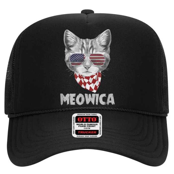 Meowica Cat Dad-dy Mom-my, July 4th Boy Girl Funny High Crown Mesh Trucker Hat