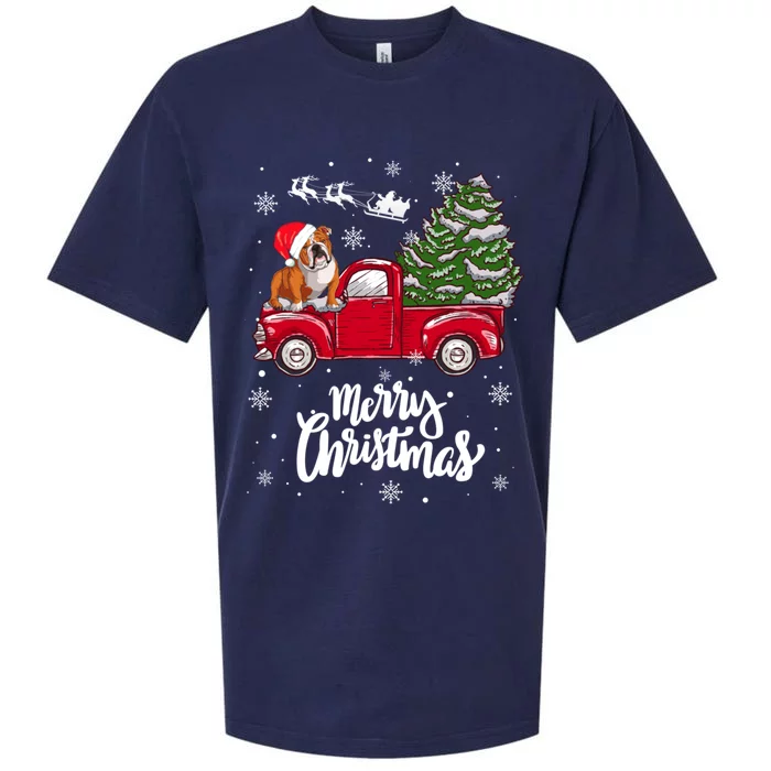 Merry Christmas English Bulldog Santa Red Truck Xmas Tree Gift Sueded Cloud Jersey T-Shirt