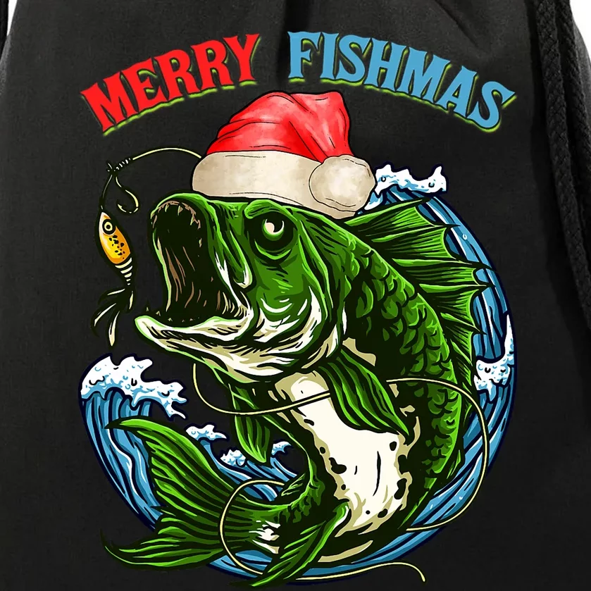 Merry Christmas Fishmas Fishing Fish Present Drawstring Bag