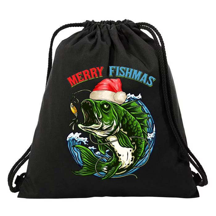 Merry Christmas Fishmas Fishing Fish Present Drawstring Bag