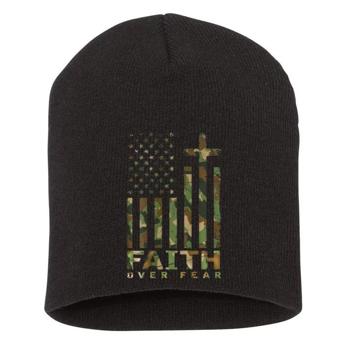 Military Camo Faith Over Fear Inspirational Christian Short Acrylic Beanie