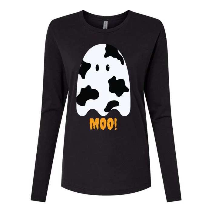 Moo Cute Funny Cow Print Ghost Halloween Tee Womens Cotton Relaxed Long Sleeve T-Shirt