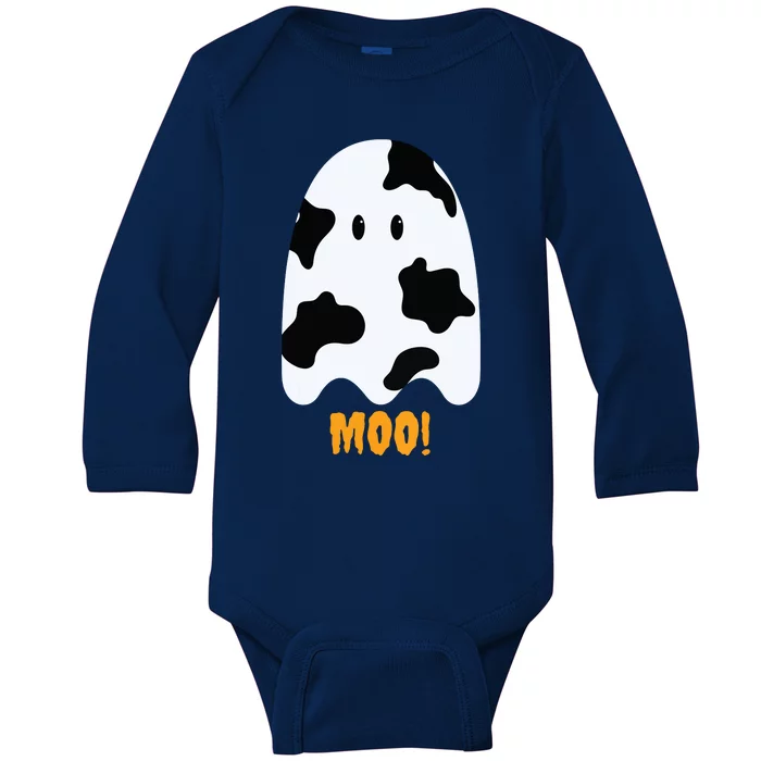 Moo Cute Funny Cow Print Ghost Halloween Tee Baby Long Sleeve Bodysuit