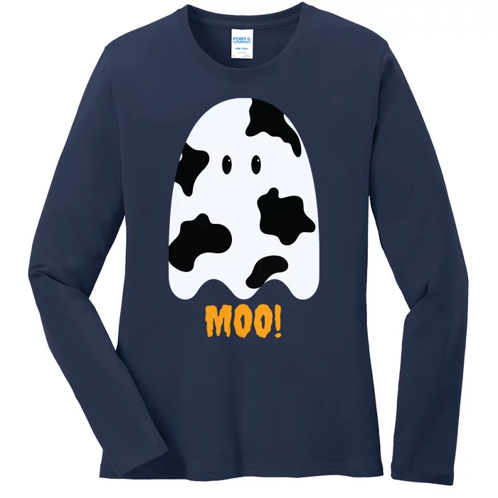 Moo Cute Funny Cow Print Ghost Halloween Tee Ladies Long Sleeve Shirt