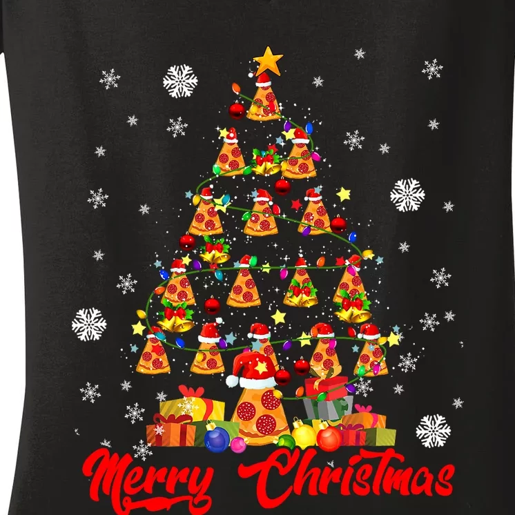 Merry Christmas Funny Christmas Tree Lights Santa Pizza Food Women's V-Neck T-Shirt