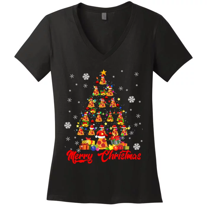 Merry Christmas Funny Christmas Tree Lights Santa Pizza Food Women's V-Neck T-Shirt