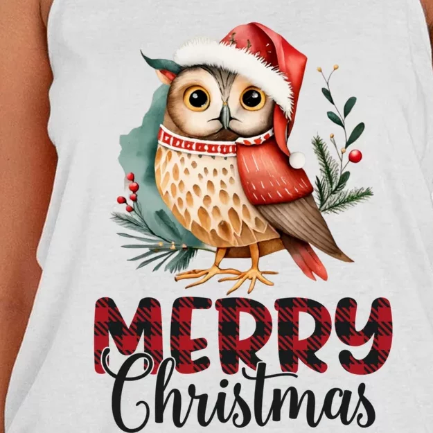 Merry Christmas Festive Cute Owl Holiday Women's Knotted Racerback Tank