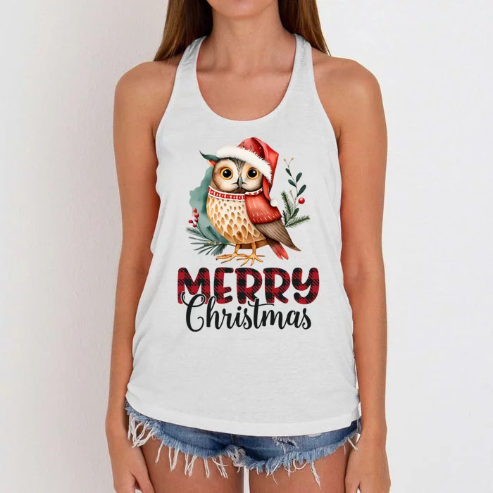 Merry Christmas Festive Cute Owl Holiday Women's Knotted Racerback Tank