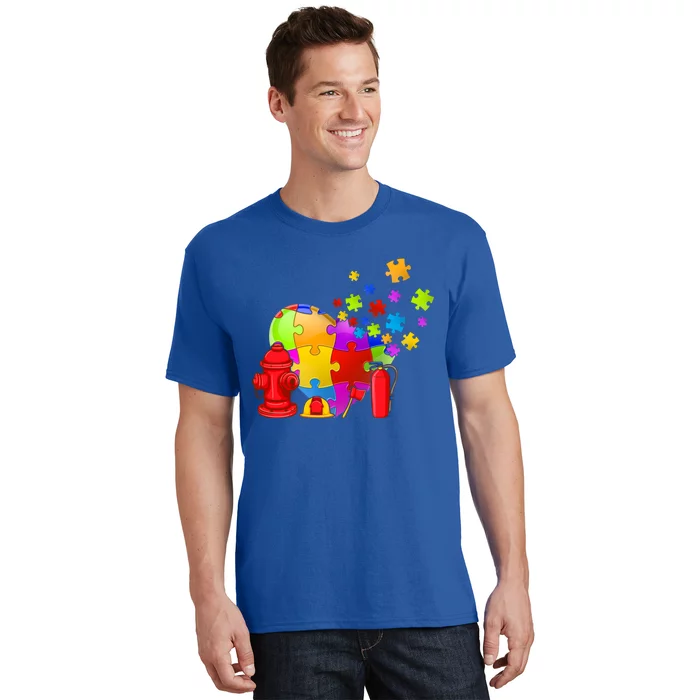 Men Cute Firefighter Heart Puzzle Autism Awareness Day Gift T-Shirt