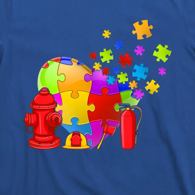 Men Cute Firefighter Heart Puzzle Autism Awareness Day Gift T-Shirt