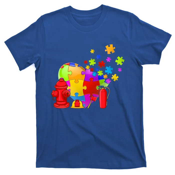 Men Cute Firefighter Heart Puzzle Autism Awareness Day Gift T-Shirt