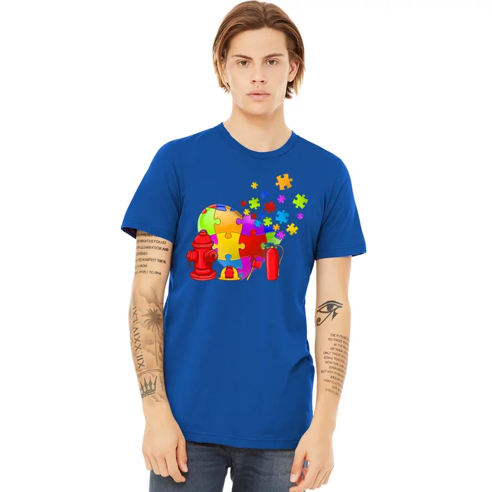 Men Cute Firefighter Heart Puzzle Autism Awareness Day Gift Premium T-Shirt