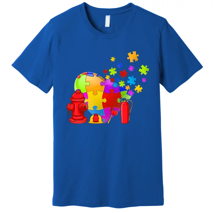 Men Cute Firefighter Heart Puzzle Autism Awareness Day Gift Premium T-Shirt