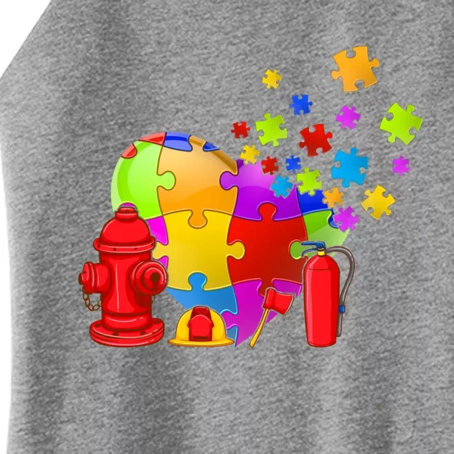 Men Cute Firefighter Heart Puzzle Autism Awareness Day Gift Women’s Perfect Tri Rocker Tank