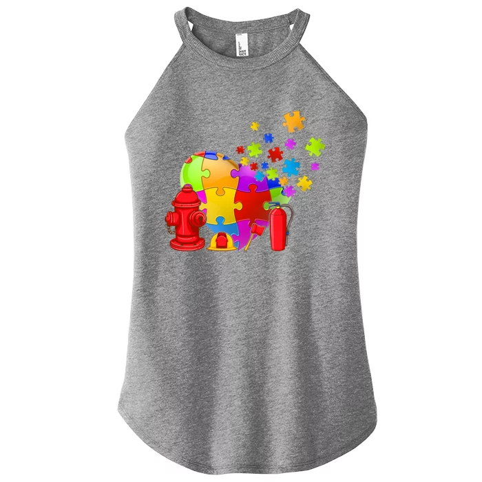 Men Cute Firefighter Heart Puzzle Autism Awareness Day Gift Women’s Perfect Tri Rocker Tank